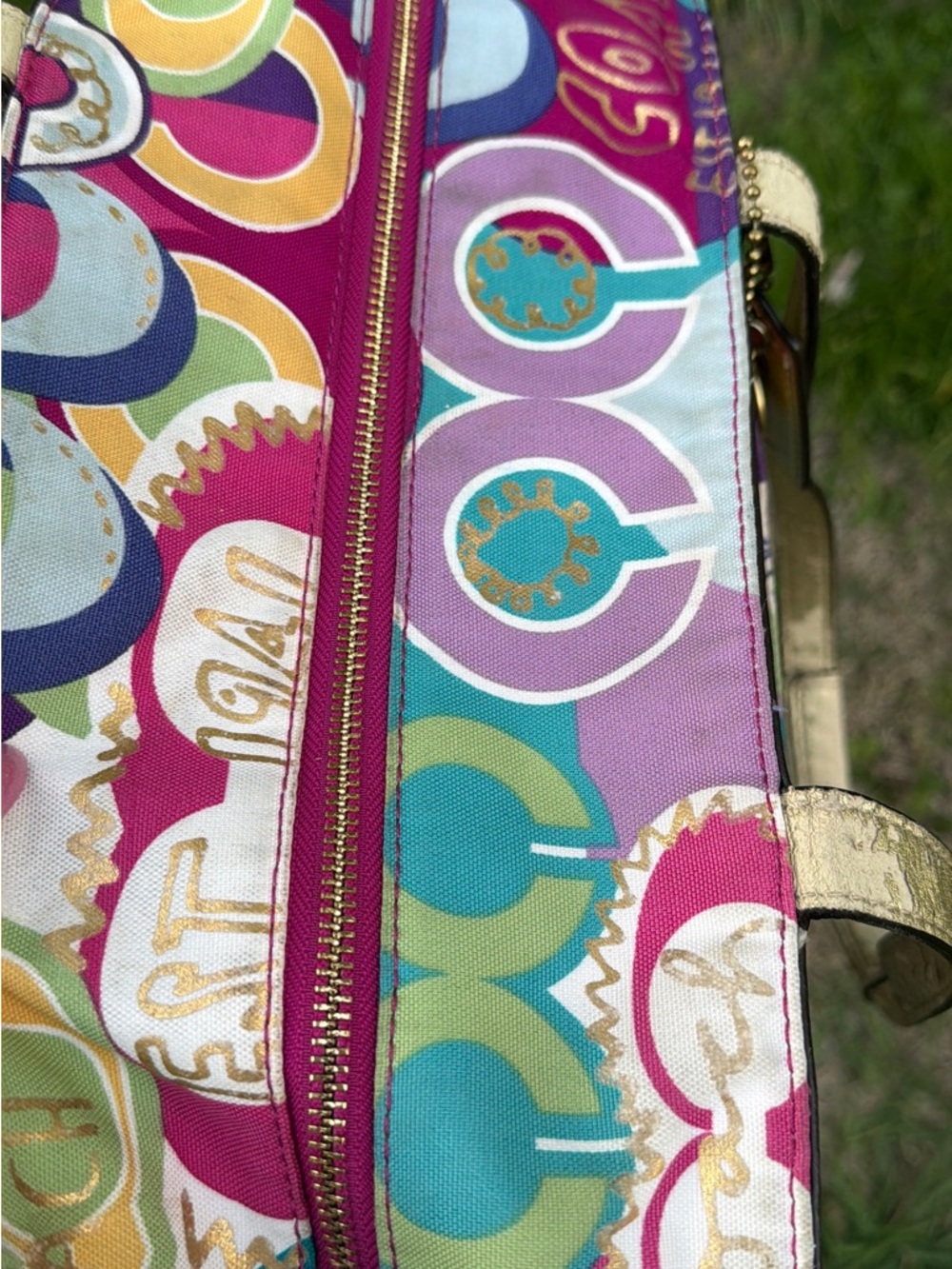 COACH Purple Multicolor Signature Print Tote with Gold Trim - Picture 14 of 15